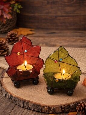 Fall Glass Leaf Tealight Candle Holders Set Red Green Beaded Wire NEW in Boxes